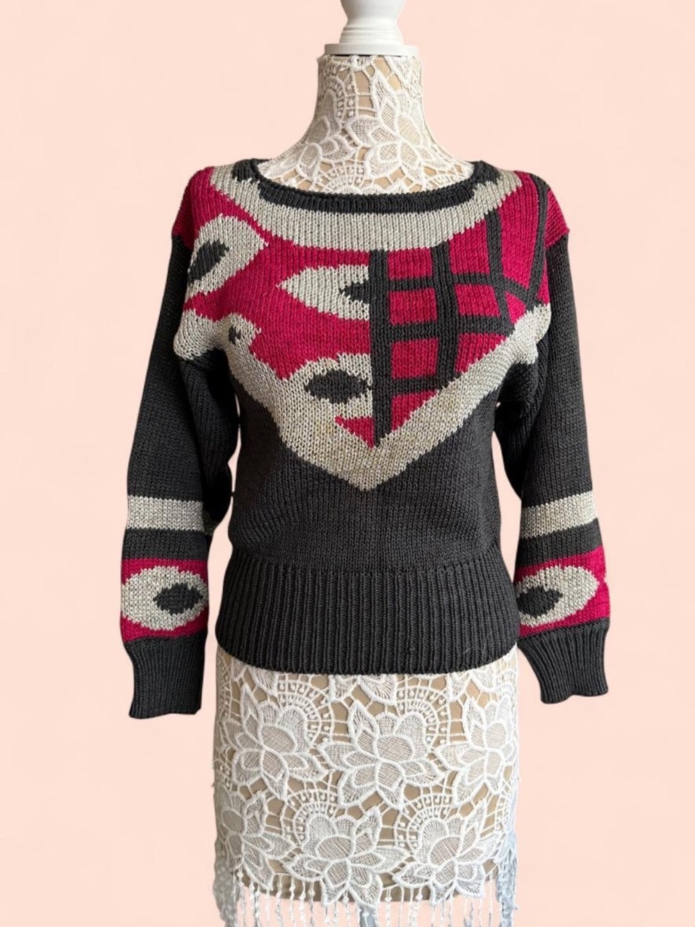 True-Vintage 80s Women's Sweater in Charcoal and Metallic Silver Designs S